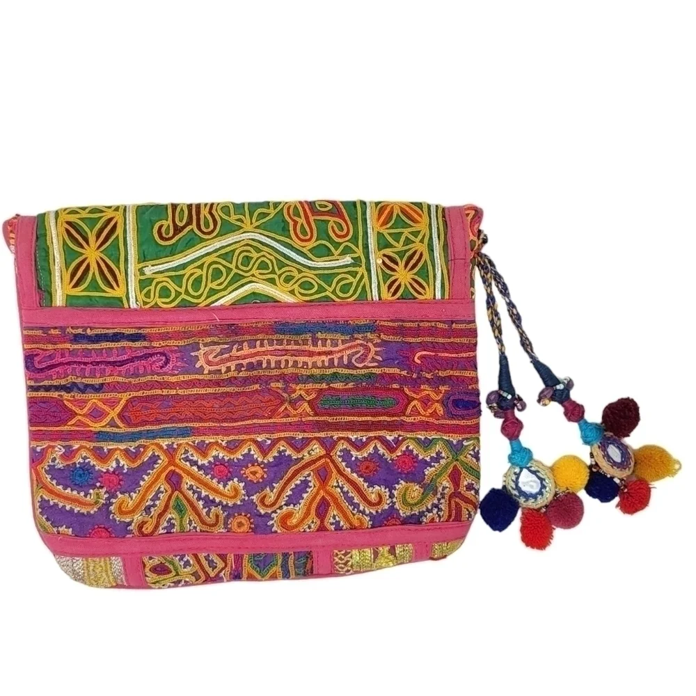 Colorful boho envelope purse bag pom pom embroidery